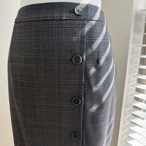 Antonio Melani Plaid Pencil Skirt Wool Blend Button Front Gray Size 6